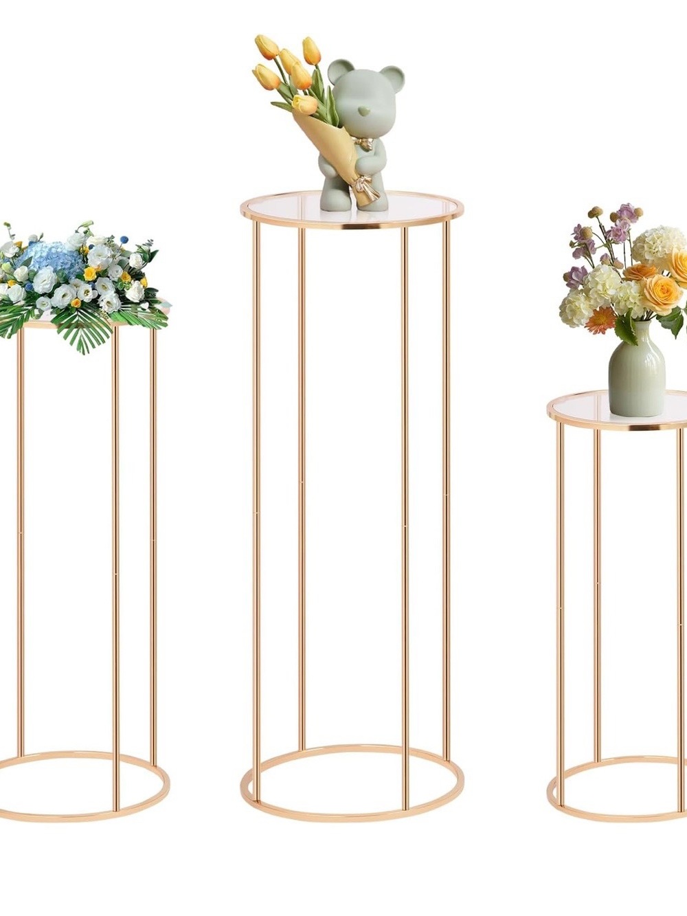 Gold Metal Plant Pedestal Stands with Round Tops (Set of 3)